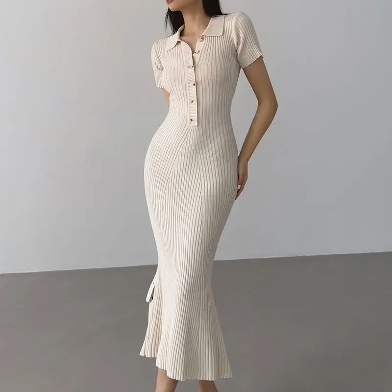 Summer American Style Fish Tail Women Slim Lapel Collar Single-breasted Solid Color Short Sleeved Wrap Buttocks Knitting Dress