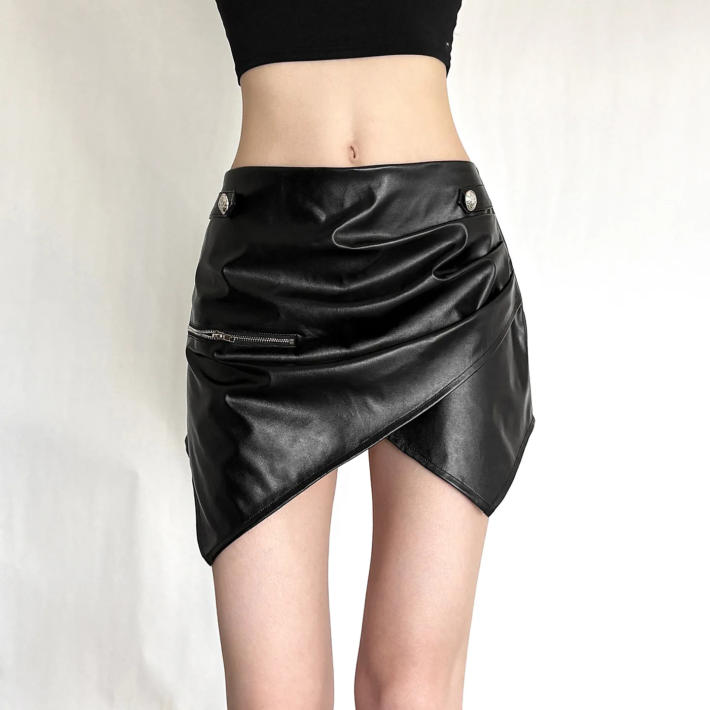 fashion new women's pu leather slim fit wrapper hip irregular design skirt