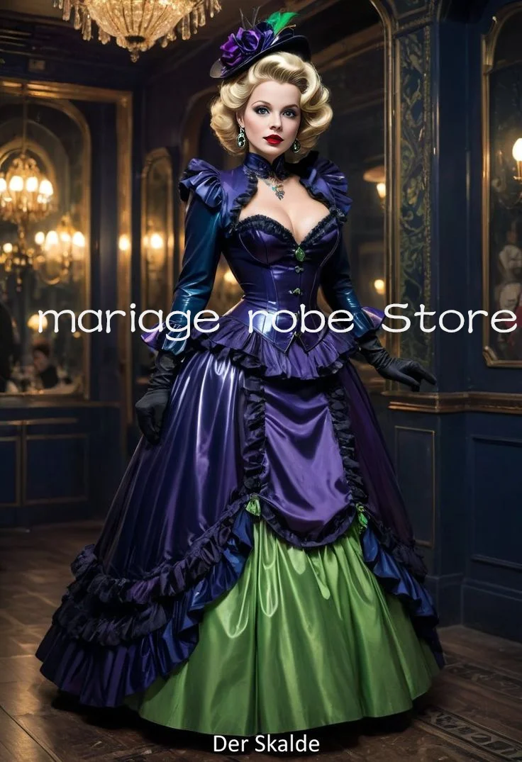 Purple Shiny Gothic Victorian Prom Dresses Bustle Corset Lace-up Long Sleeve Ruched Customsized Costume Evening Gown Outfit