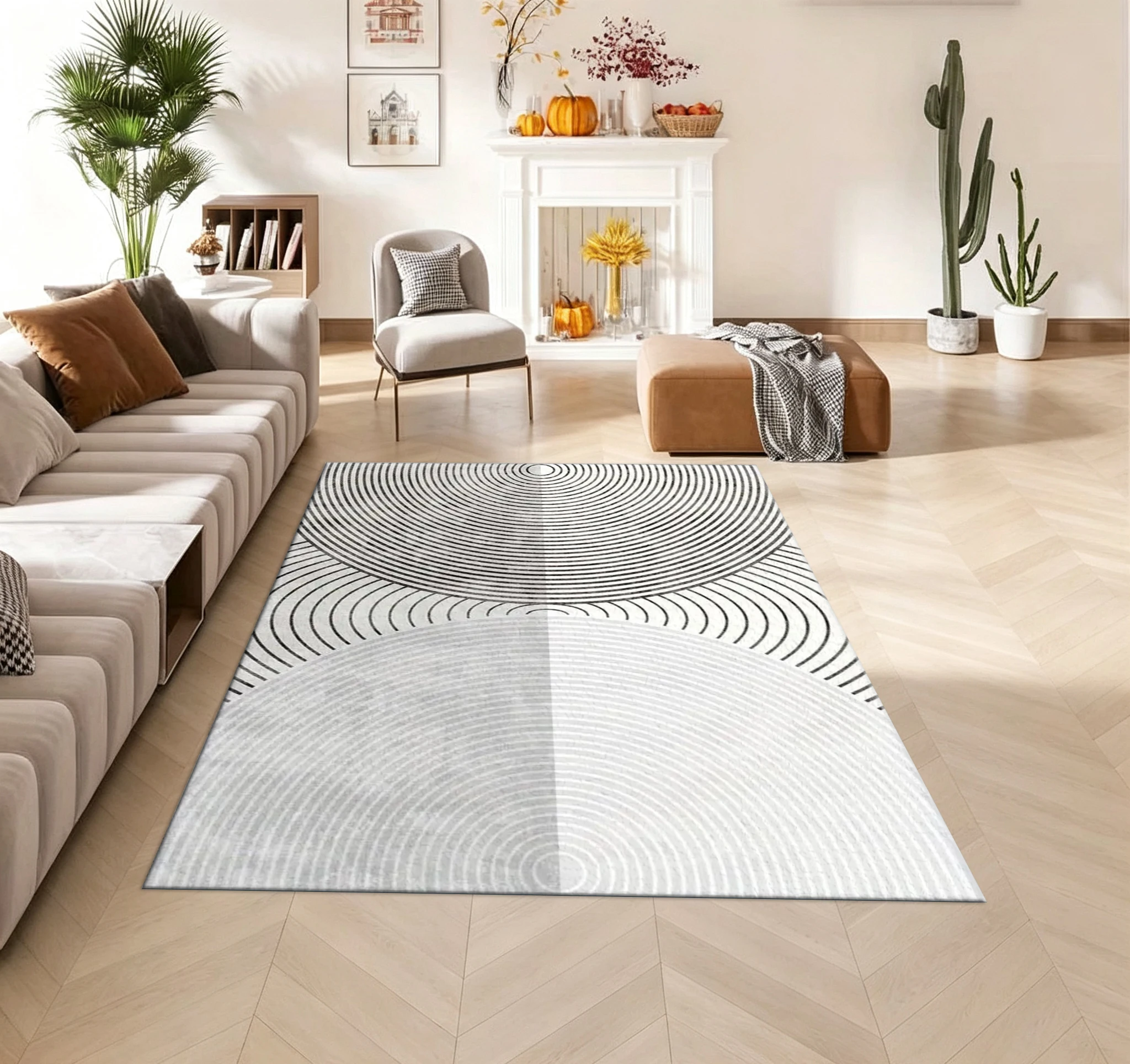 Concentric Circle Line Carpet Flooring Minimalist Abstract Area Rug Soft Floor Mat for Living Room Bedroom Interior