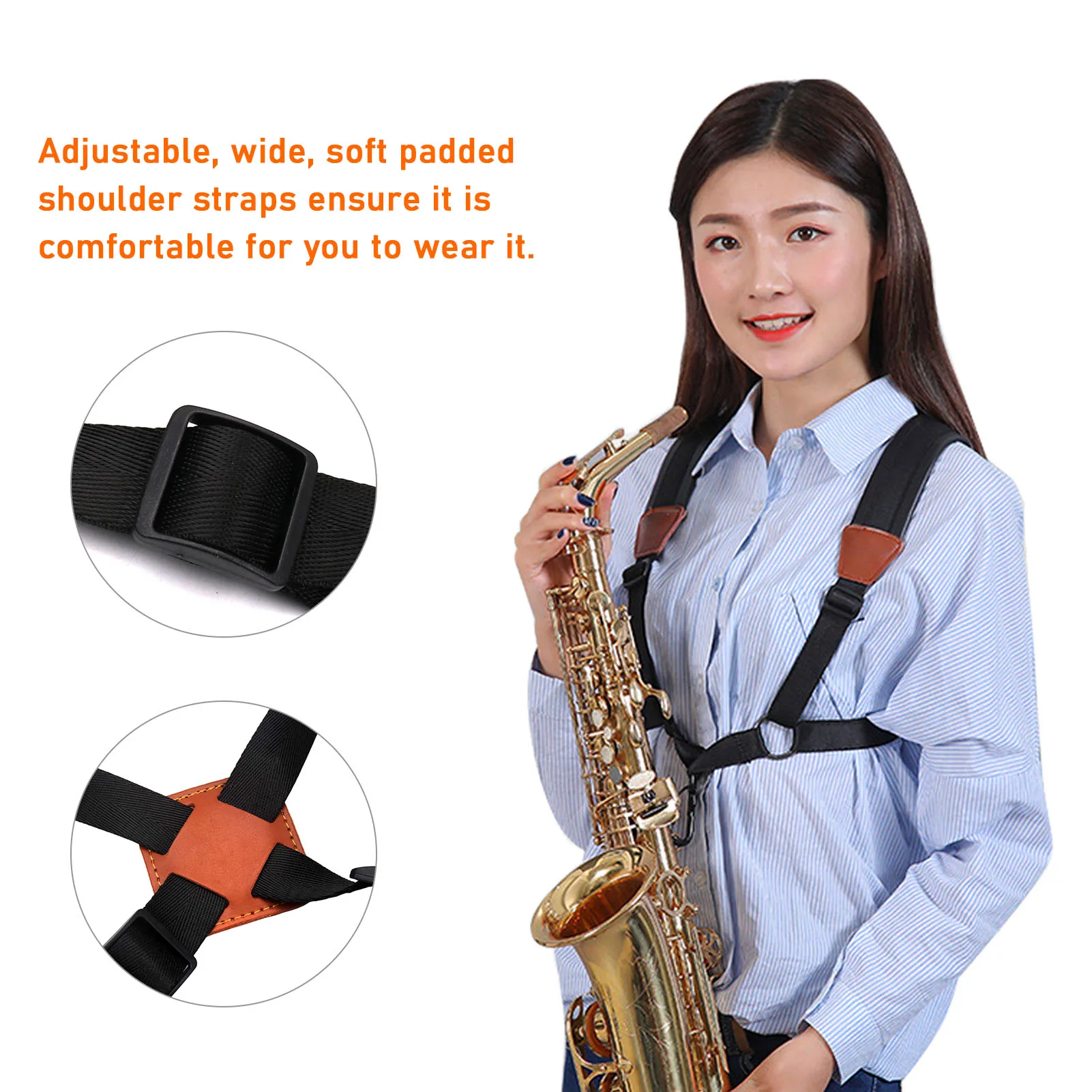 Saxophone Strap Sax Shoulder Strap Adjustable Padded Leather Strap for Soprano Alto Baritone Saxophone