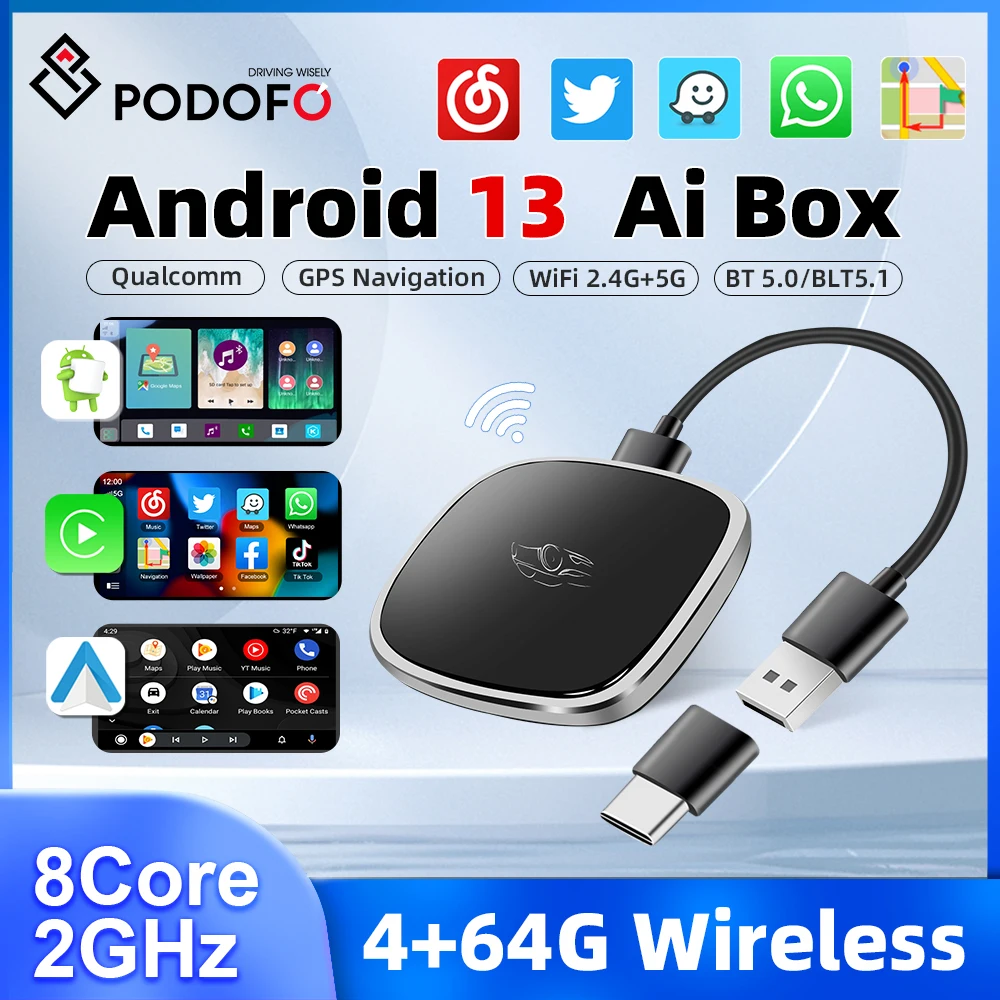 Podofo 4+64G Carplay Dongle Wireless Carplay Android Auto 5G WIFI GPS Navigation Bluetooth Adapter 8 Core 2.0GHz Support TF SIM