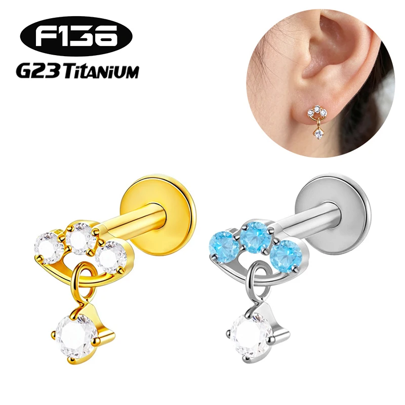 1PC G23 Titanium Implant Grade Dangle CZ 16G Internally Threaded Labret Lip Stud Tragus Cartilage Helix Earring Piercing Jewelry