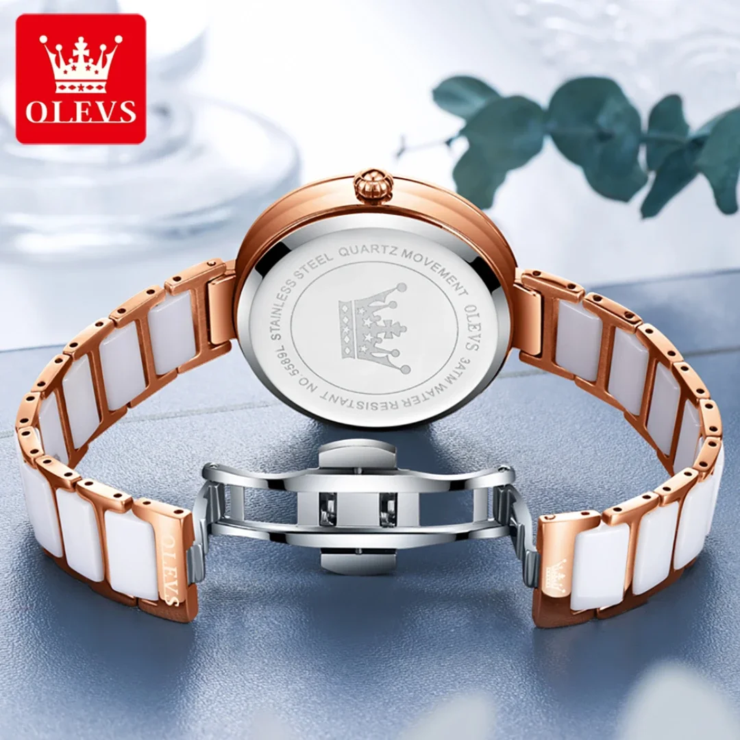 OLEVS 5589 Fashion Quartz Watch Round-dial Ceramic Watchband Calendar