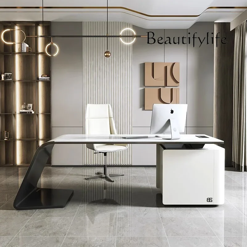 

S modern simple light luxury computer table and chairs Minimalist paint boss desk rock slab desk study