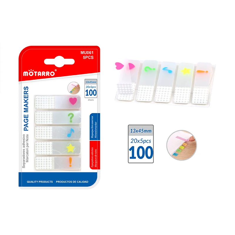 MOTARRO Index-Tabs, 5 Streifen, fluoreszierende Symbol-Seitenmarkierungen, 20 Blatt, PET, transparent, selbstklebende Haftnotizen für Büro, Schule