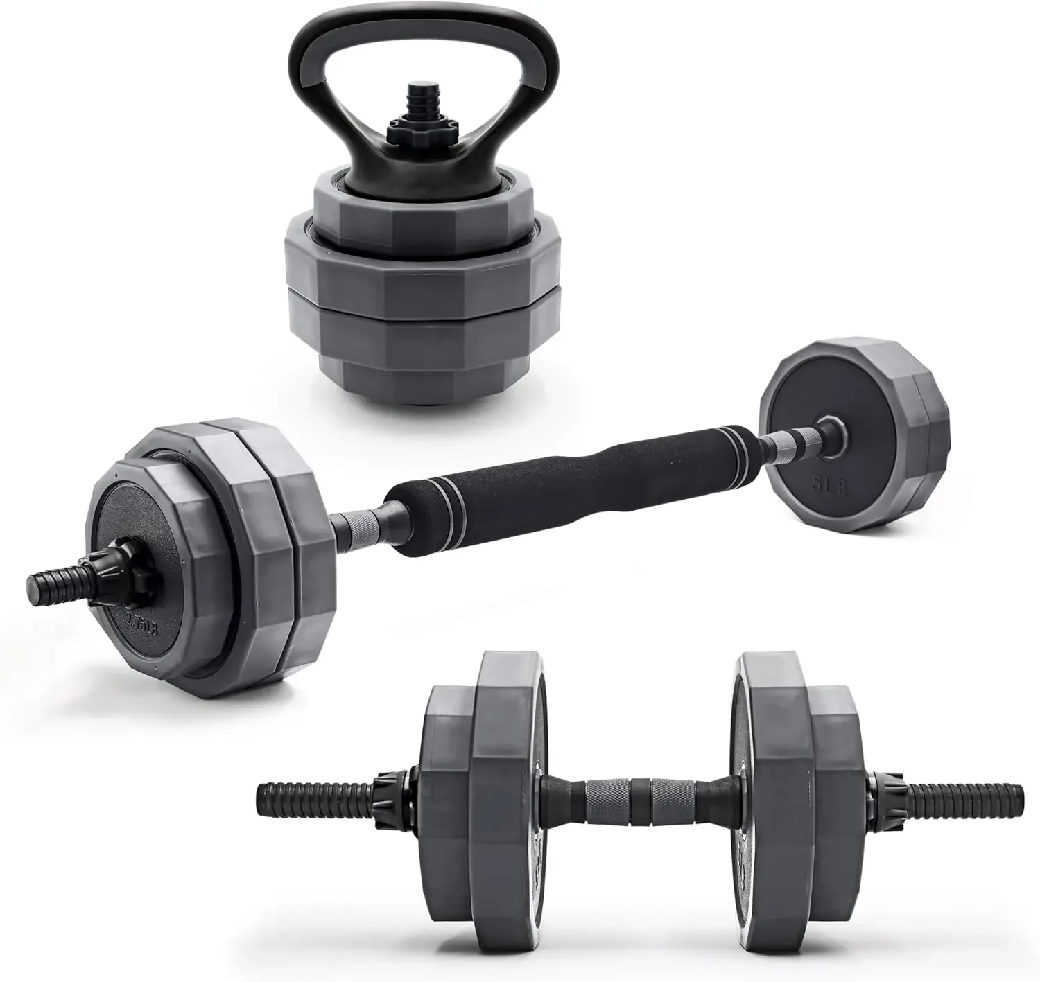 66 Lb Multi-Use Adjustable Weight Set - Versatile Dumbbell, Barbell & Kettlebell for Full-Body Strength Workouts, Gray