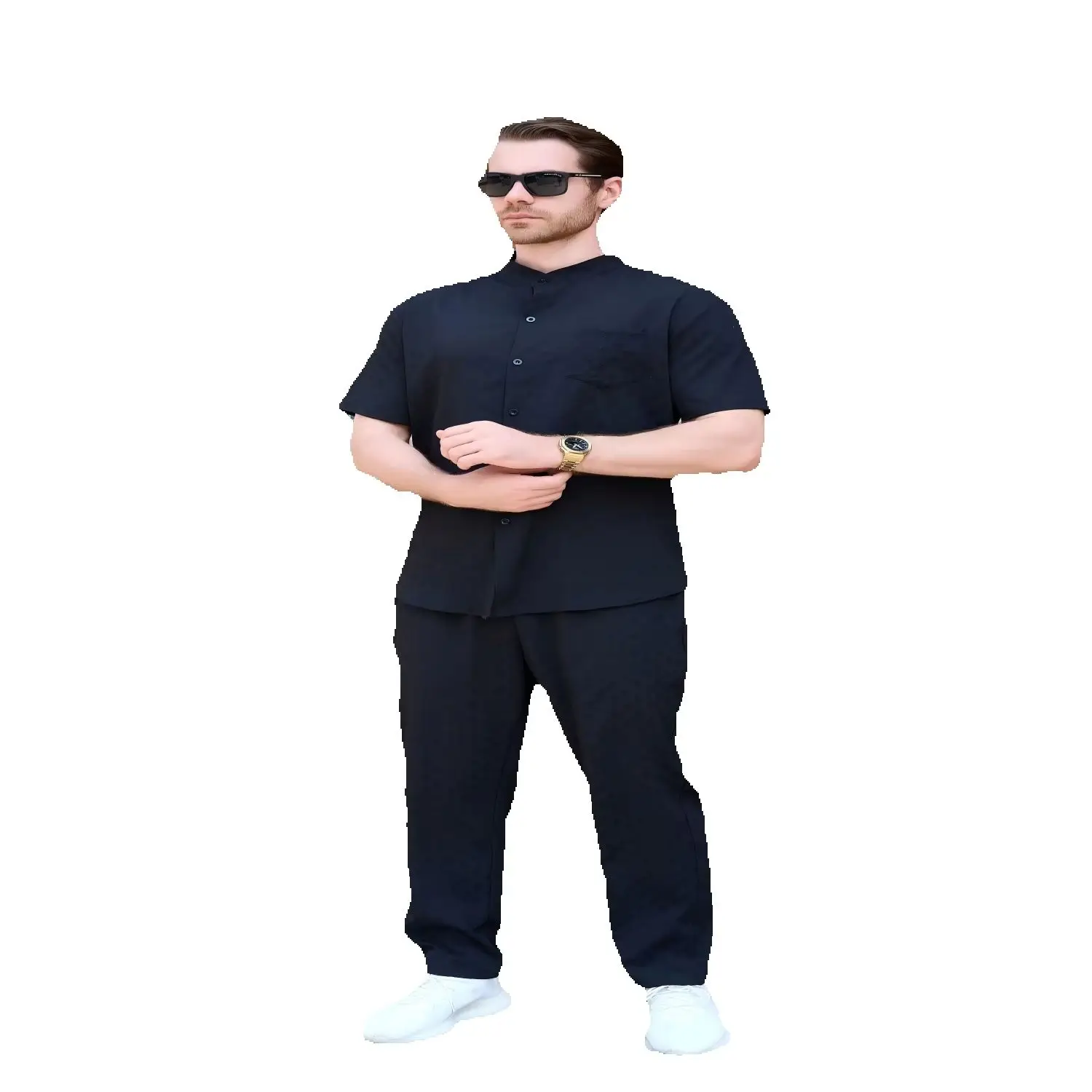 Men Geometric Jacquard Mandarin Collar 2-Piece Set Pocket Short Sleeve Shirt + Elastic Waist Long Pants Summer Casual Outfit