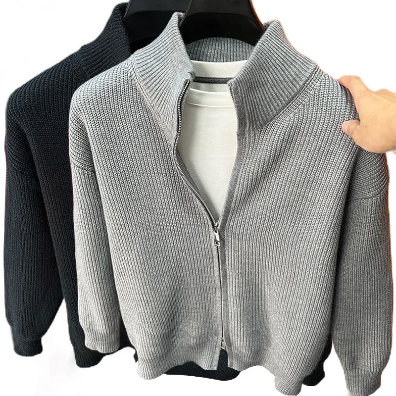 Autumn Winter Leisrue Zipper Knitted  Unisex Casual Crew Neck Sweater Jacket Casual Wear Pure Color Men Women Coat