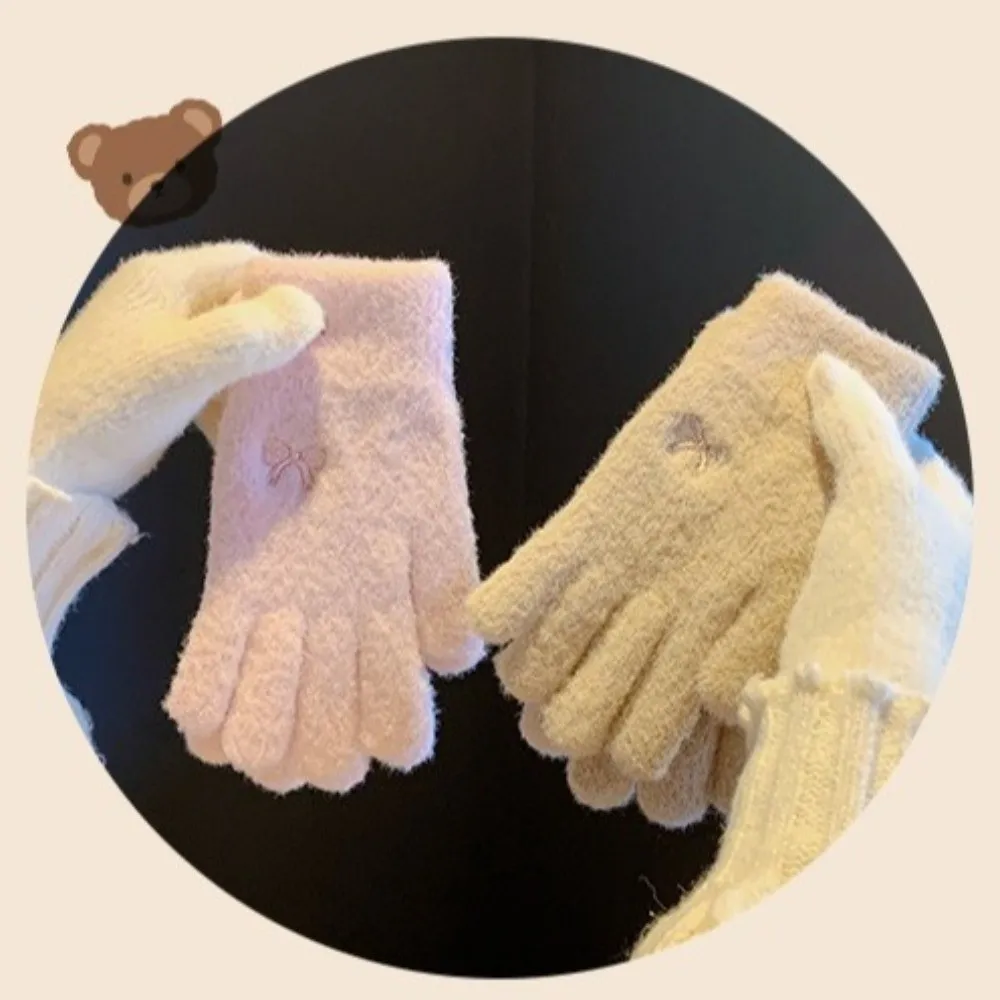 New Lovely Multicolor High Elasticity Gloves Thickened Windproof Winter Gloves Keep Warm Bow Soft Knitted Gloves Women Girls