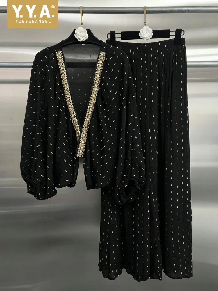 Vintage Women New Shiny Diamonds Deep V Neck See-Through Mesh Top Wide Leg Pants Two Piece Set Loose Fit Outfits Matching Sets