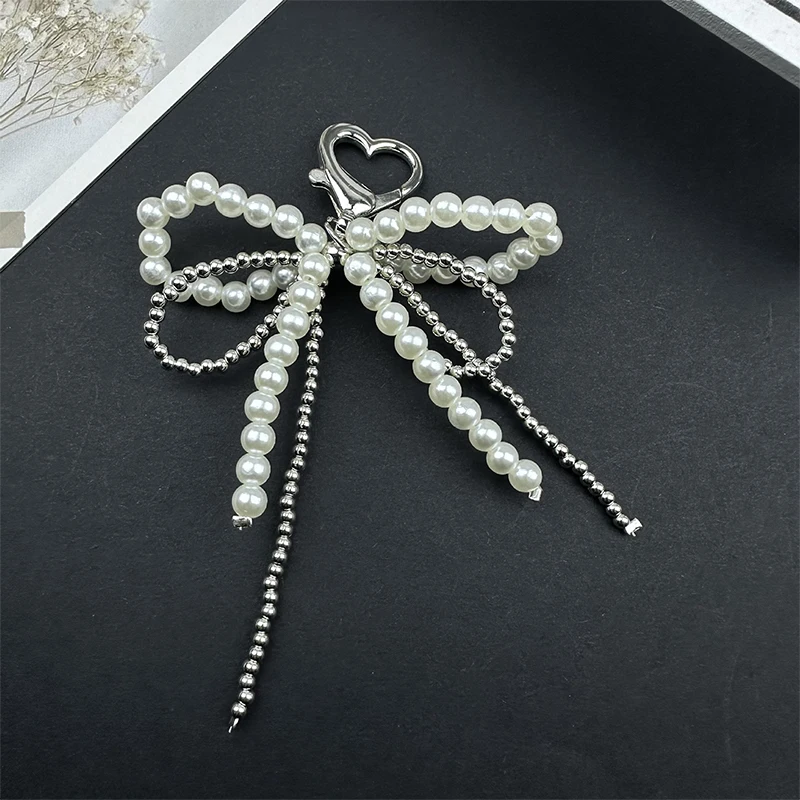 

Sweet Bowknot Heart Keychain Pendant Lovely Beaded Hanging Decorations Keyring Charm Phone Lanyard Phone Charm Bag Pendant