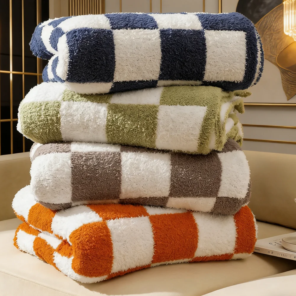 

Checkerboard Plaid Knitted Woolen Blanket Warm Soft Fleece Sofa Throw Blankets Cozy Nap Blanket Cover Bedspread Bedding