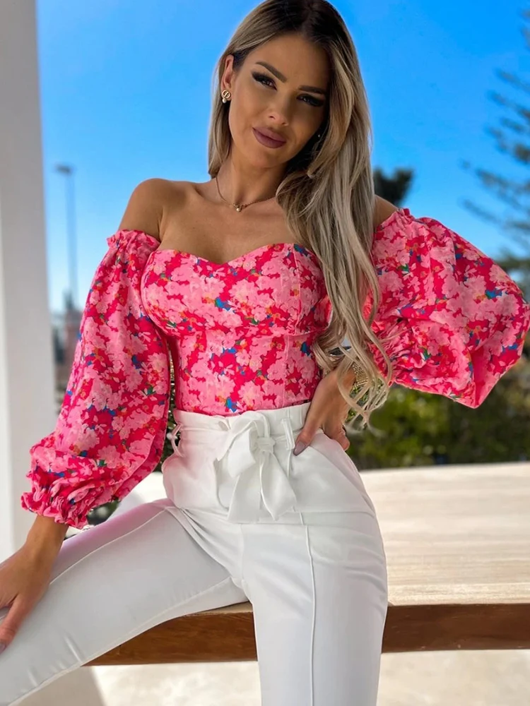 Sexy Floral Print Crop Top Women Spring Summer Youth Backless Off Shoulder Long Sleeve Blouses Fashion White Shirt 2023 New