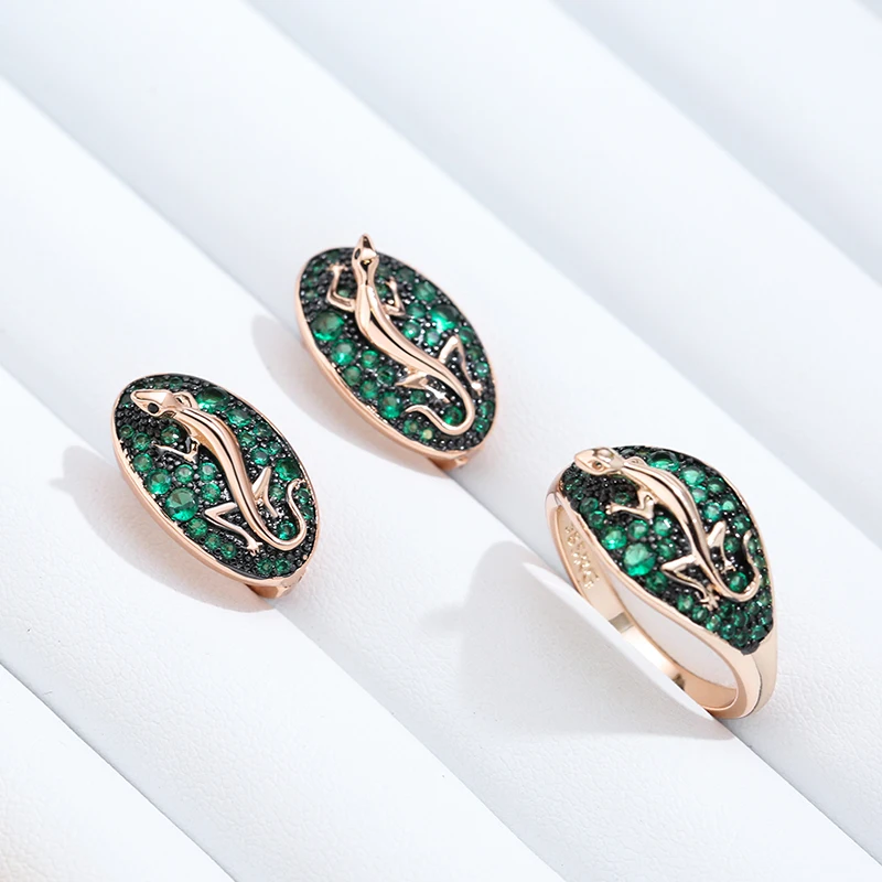 Kinel Hot Unique Green Natural Zircon Lizard Ring For Women 585 Rose Gold and Black Plating Vintage Animal Daily Punk Jewelry