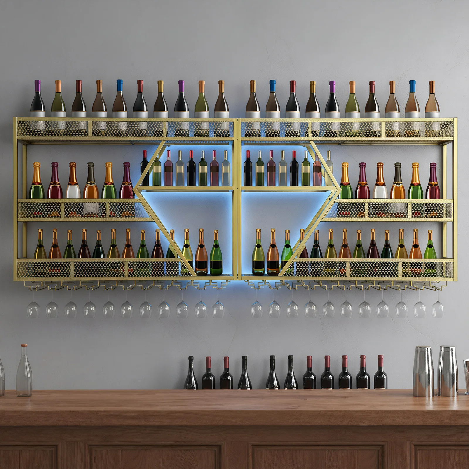 

Metal Wine Storage Rack Wall Mounted with Wine Glass Holder Wine Bottles Storage Display Storage Shelf for Home & Dining Room
