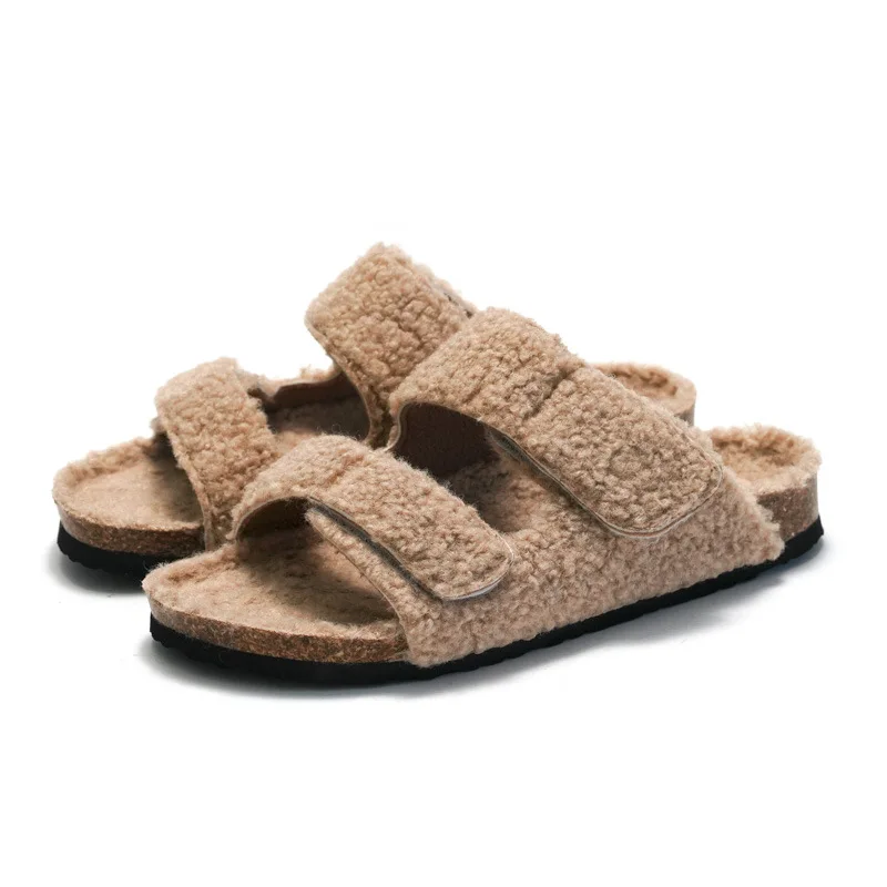 Crestar Women Fuzzy Slippers with Cork Footbed Fluffy Slide Sandals Open Toe Indoor House Shoes Arch Support Adjustable Slippers