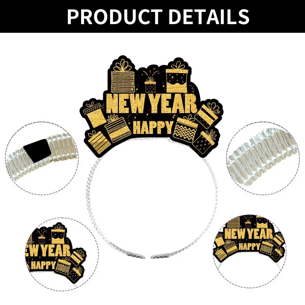 6pcs /set Paper 2025 Happy New Year Headband Photographic Black Gold New Year Paper Hair Hoop Letter Headdress