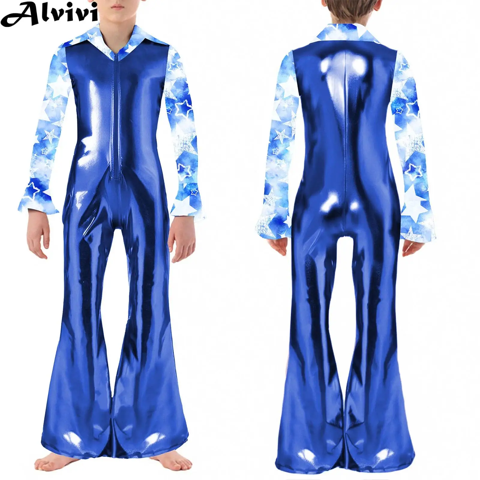 Boys Flare Sleeve Lapel Metallic Shiny Disco Dance Bell-Bottom Jumpsuit Halloween Carnival Hippie Cosplay Performance Costume