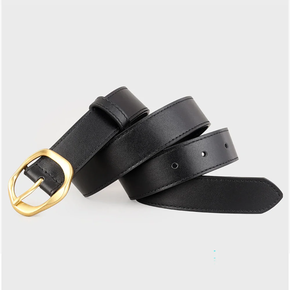 Ceinture Vintage en cuir véritable pour femmes, couleur or, boucle ovale, luxe, tendance, pour robe en jean