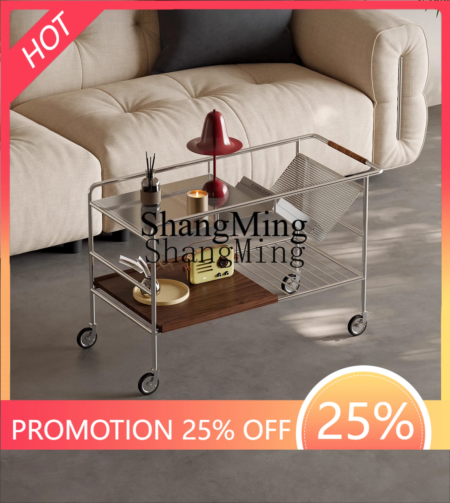CL  movable sofa side few with wheels living room stainless steel trolley coffee table