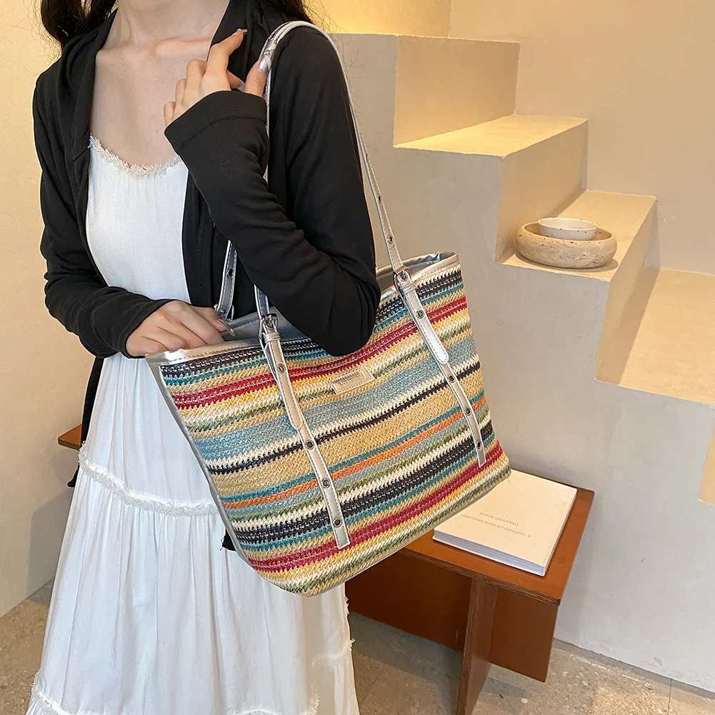 

Женская цветная пляжная сумка крючком, большая вместительная тканая дорожная сумка, лоскутная минималистичная большая сумка, женская летняя повседневная сумка