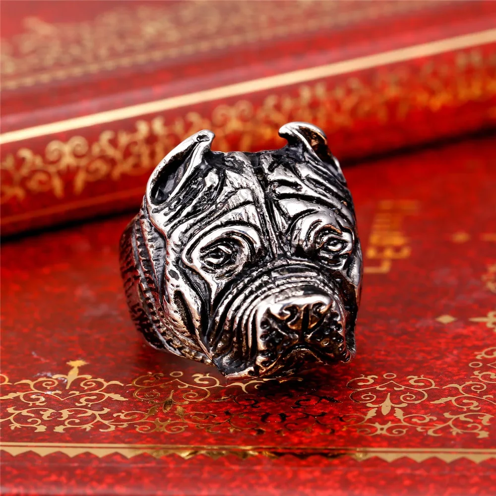 U7 French Bulldog Punk Ring Men Gold Color Stainless Steel Animal Cute Pet Vintage Style Jewelry QC24