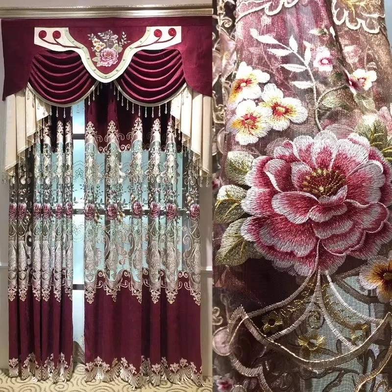 New European Chenille Hollowed Out Embroidered Curtains for Living Dining Room Bedroom French Window Luxury Red Wedding Room