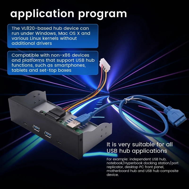 5.25 Inch Desktop PC Front Panel Docking Station VL820 TYPE-C+A(2A2C) USB 3.1 Hub With Sata15pin To 4Pin Power Cord