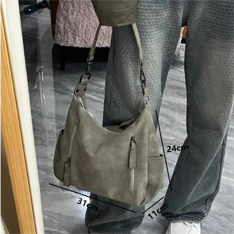 2024 Y2K Vintage PU Leather Shoulder Bags for Women Female Gray Underarm Bags Fashion Large Capacity Handbags Commuter Tote Bags