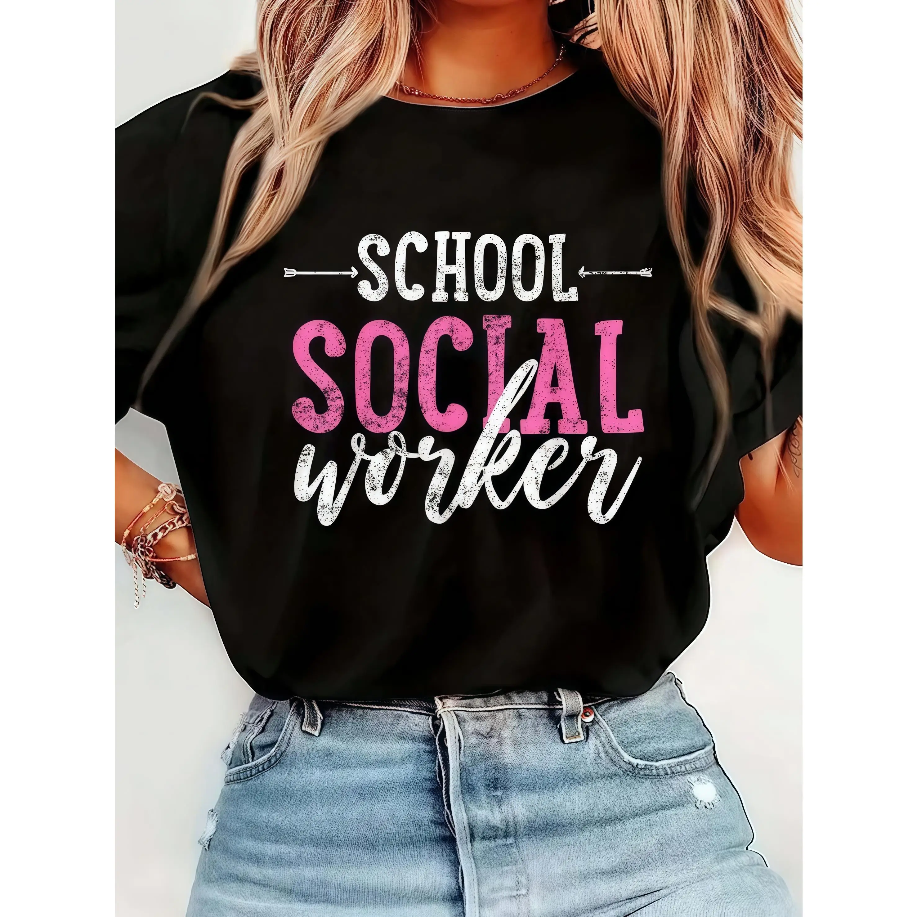 

Women's Social Worker Life Graphic Tee, Pink & White Print Shirt, School Professional Gift Idea, Short Sleeve Comfort Fit