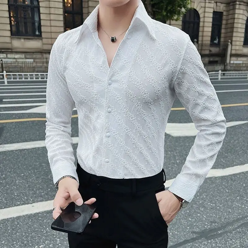 Spring Autumn New Fashion V-neck Long Sleeve Solid Color Blouse Men\'s Clothing Button Smart Casual Korean Slim Simplicity Shirts