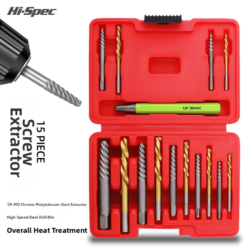 

Hi-Spec 15PCS Screw Extractor Set Damaged Bolt Remover Drill Bit Kit Rusted Broken Screw Extractor Reverse Thread Tool