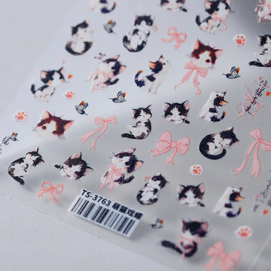 1pc Cute Cartoon Playful Cat & Butterfly Nail Stickers Pink Cat Paw Bows for Valentines Day Nail Decals Japanese Manicure Decor*