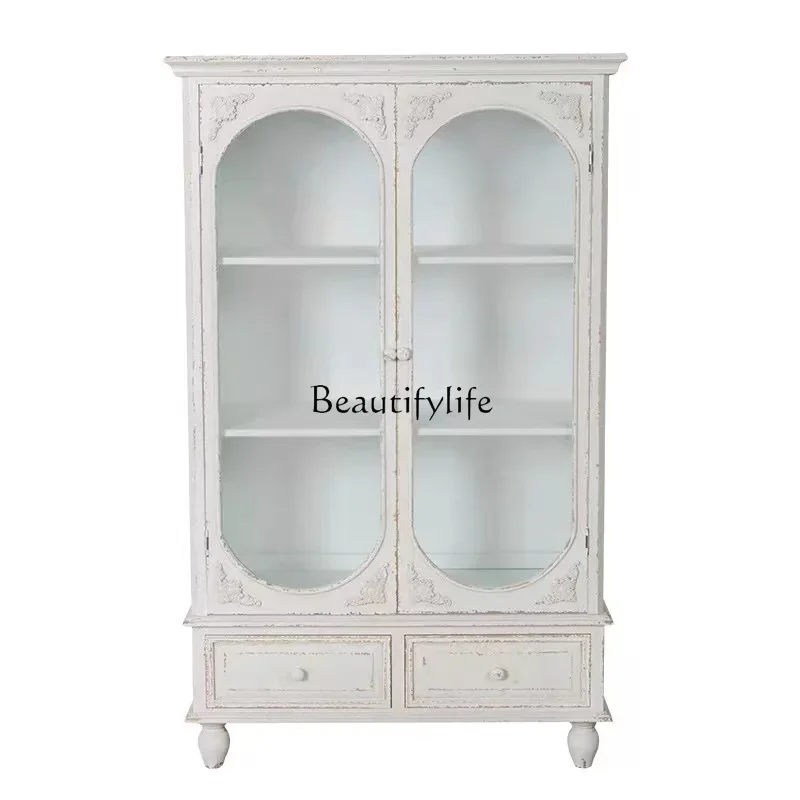 

1French solid wood wine cabinet cream style European fashion simple engraving retro old storage cabinet