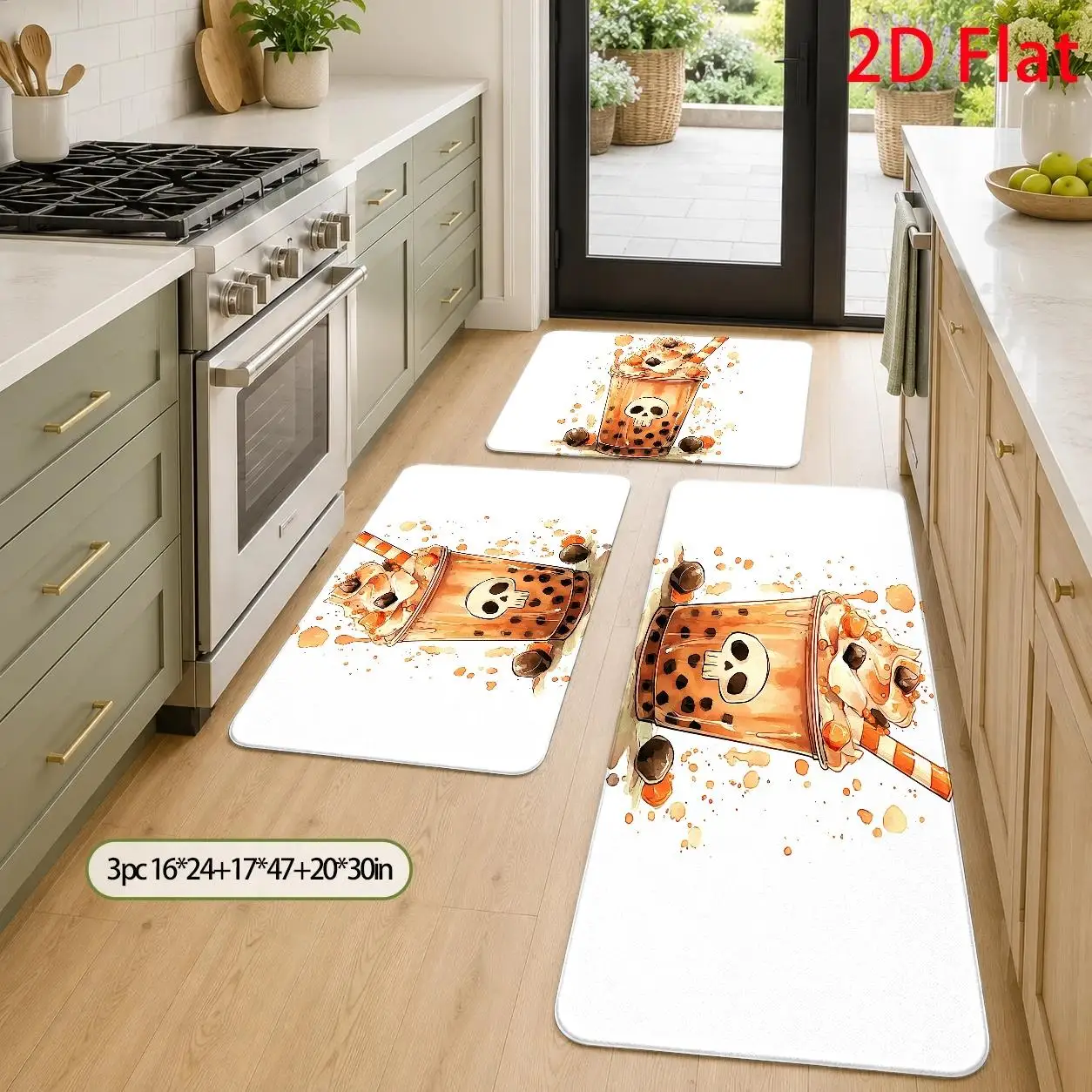 1pc, 2pcs, 3pcs, 2D Flat Kitchen Floor Mat Set, Skull Themed Bubble Tea Artistic Floor Mat, Spooky Halloween Design Decorative Rug, Easy-to-Clean Bathroom Rug, Suitable for Kitchen, Bathroom, Laundry Room, Dining Room, And, 2D Flat