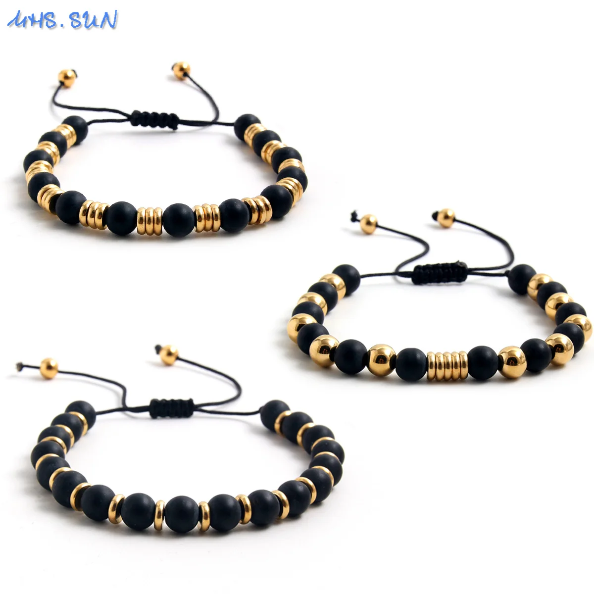 MHS.SUN Classic Black Frosted Stone Beads Bracelets Adjustable Gold Plated Stainless Steel Women Men Anniversary Jewelry