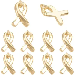 10pcs Real 18K Gold Plated Awareness Ribbon Charms Breast Cancer Brass Hope Awareness Pendant Charms with Loop