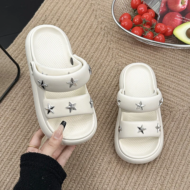Lightweight Platform Beach Shoes Summer New Round Toe Open Toe Metal Trim Two-Wear Slippers