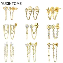 925 Sterling Silver Ear Needle Geometric Zircon Tassel Chain Stud Earrings For Women Exquisite Pendant Earrings Luxury Jewelry