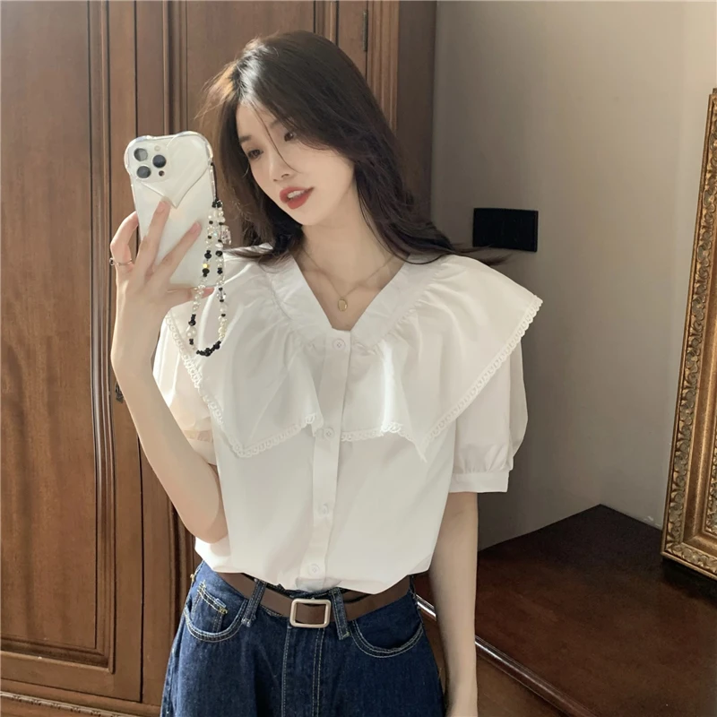 White Retro Shirt Women Summer Chic Puff Sleeve Loose Top Korean Fashion Harajuku Lace Patchwork Peter Pan Collar Female Blouse