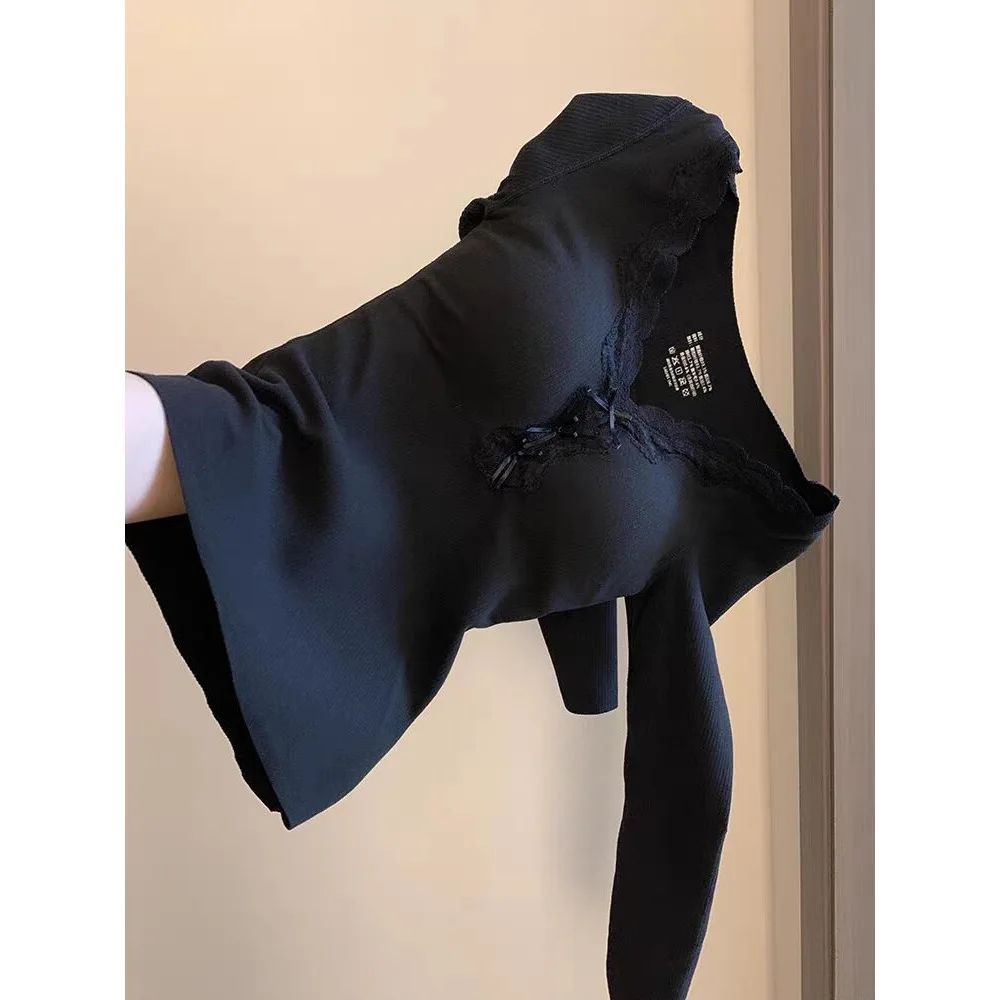 Girls Fleece Lined V Neck Lace  Knot Trim Base Shirt Detachable German Velvet Thickened Autumn Season Women's T-Shirt