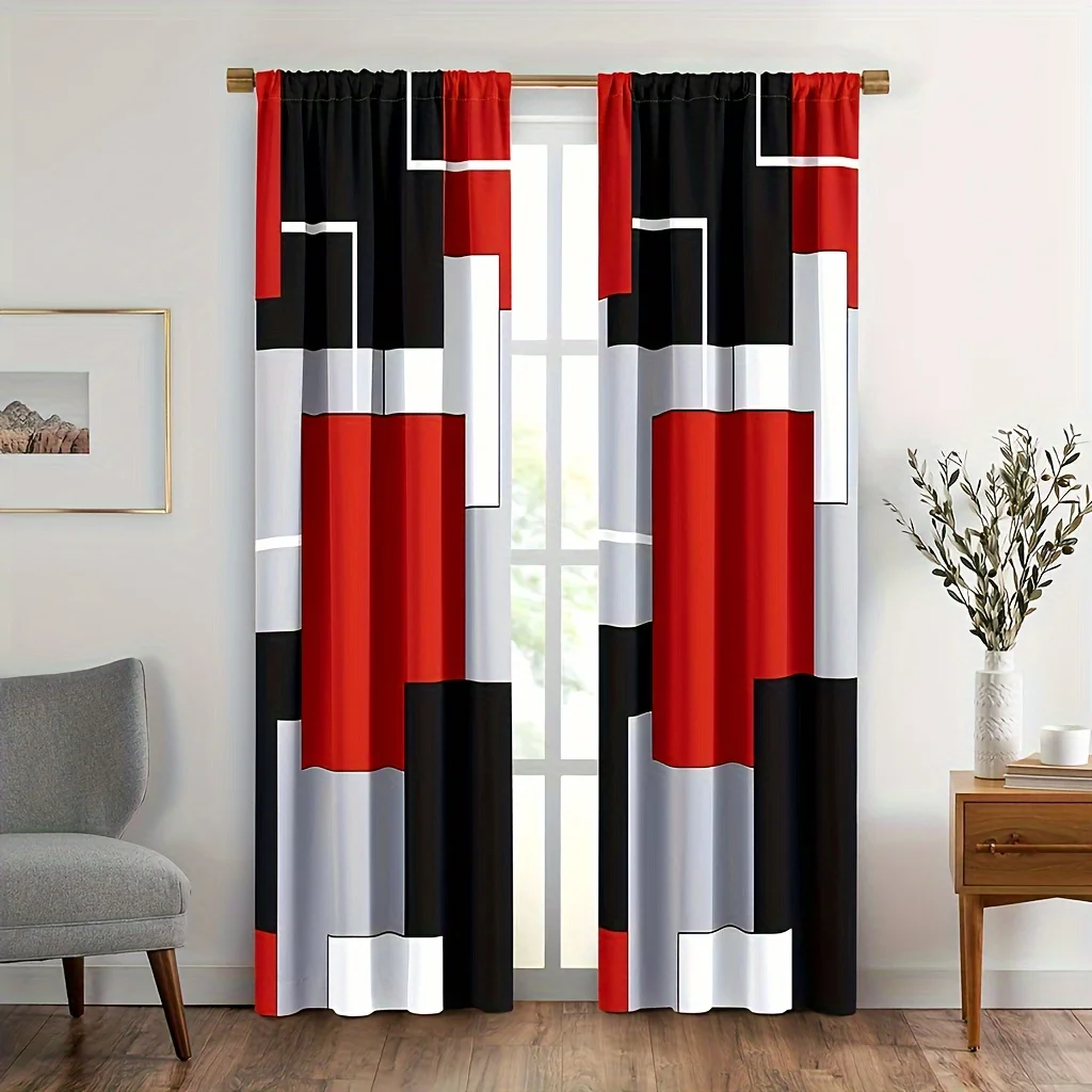 2pcs Plaid Pattern Curtains, Rod Pockets Window Treatment, Suitable For Living Room Bedroom Decor, Red White Grey Black Curtains