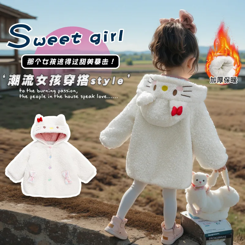 سانريو مرحبا كيتي فتاة معطف سترة الشتاء الكرتون البربرية الصوف كواليزيا الدفء الفتيات الهدايا Y2K معطف مقنع سترة قطيفة #3