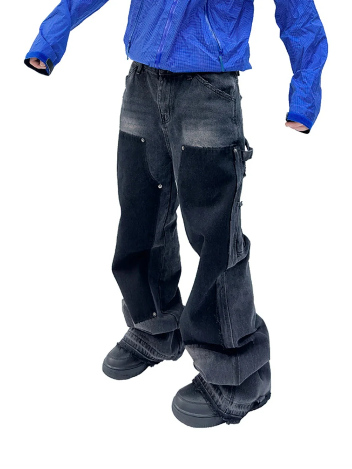 

Джинсы из денима 2023 года с рваными элементами, заклепками и бахромой до колен, слегка расклешенные, повседневные, прямого кроя