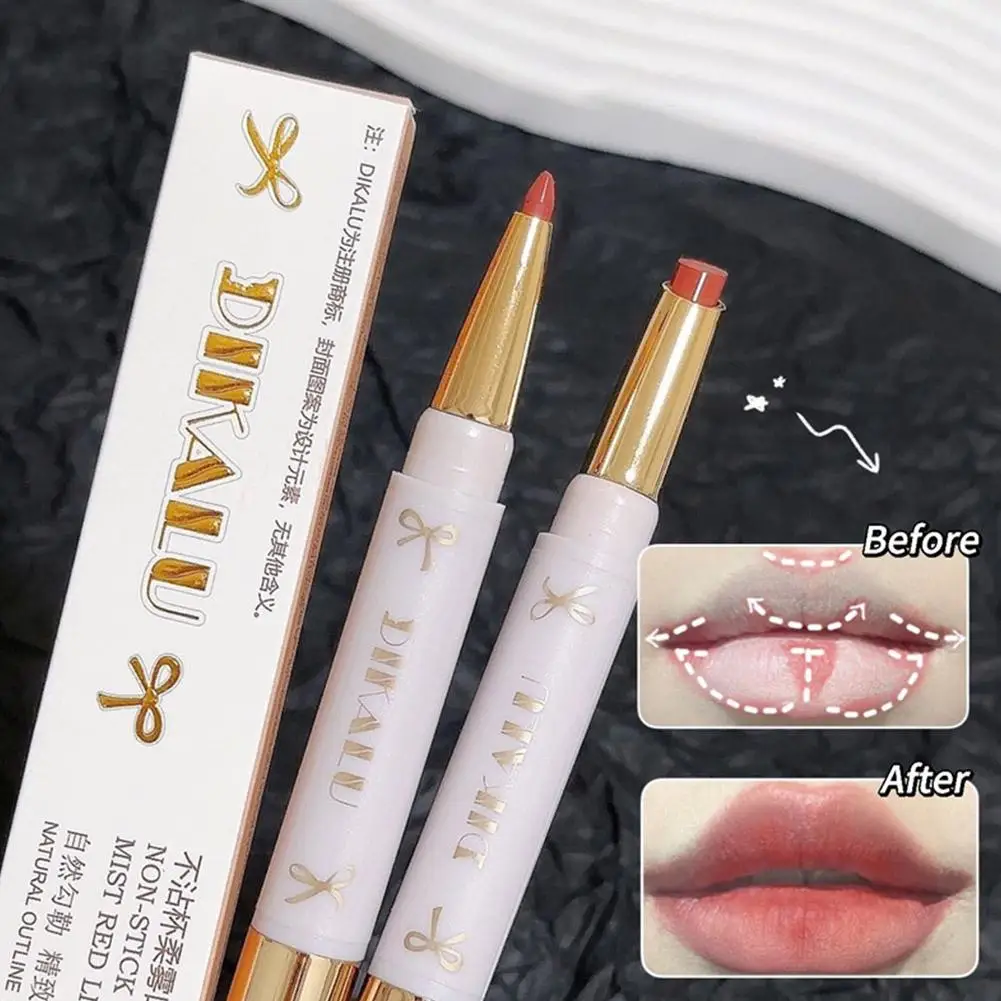 Delineador de labios de doble punta y lápiz labial líquido, terciopelo suave, resistente al agua, mate, maquillaje de larga duración, a prueba de duradera D0I6