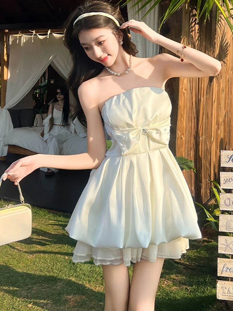 2025 New White Satin Chic Bow Beading Dress Women Elegant Chest Wrapping Sexy Mini Dress Summer Korean Bodycon Birthday Dresses