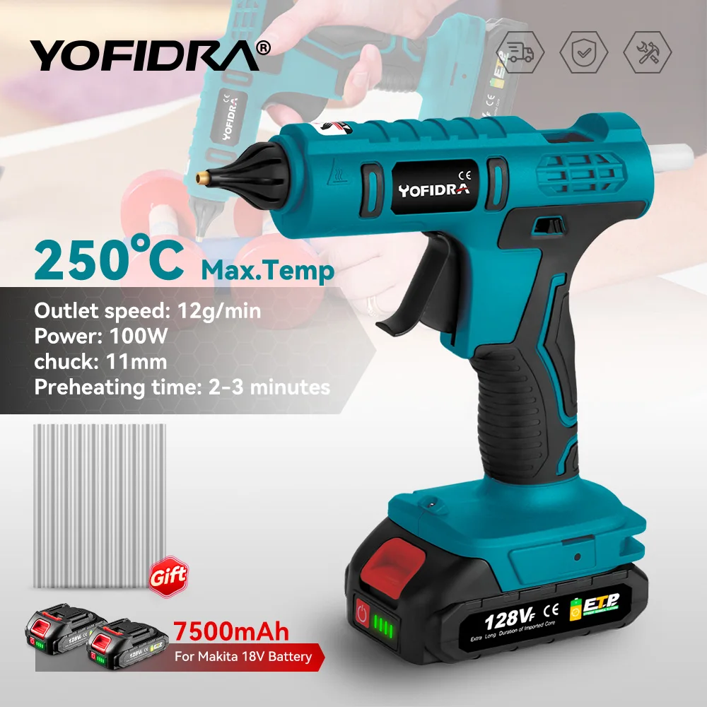 Pistola de cola elétrica sem fio, cola em bastão para artes, ferramenta de reparo doméstico DIY, bateria Makita 18V, 11mm, 100W