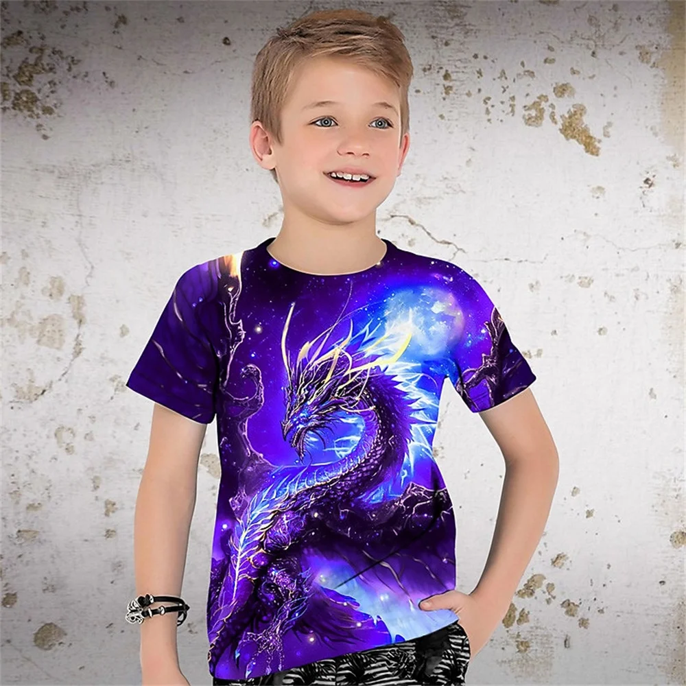 Children's Clothing Boys Tshirt Short Sleeve 3D Dragon Print Kids Summer Clothes Casual Stylish Round Neck Girls Clothes Tops