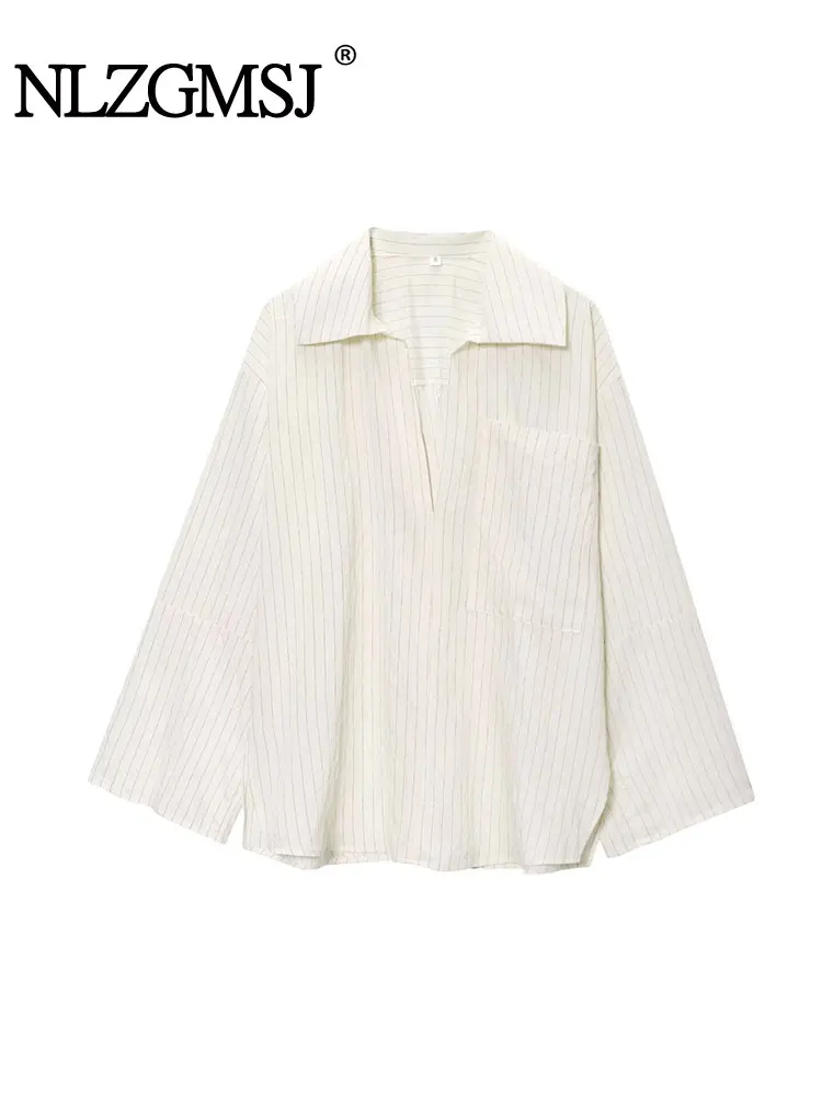 

NLZGMSJ Casual Chic Women Blouse Striped V-Neck Long Sleeve Loose Blouse New Fashion 2025 Oversized Shirts